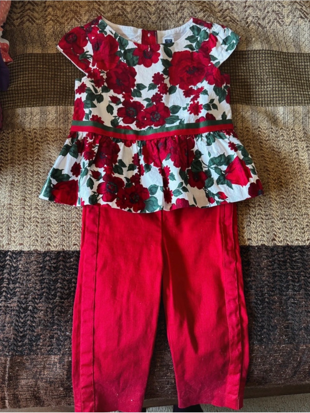 Janie & Jack Girls Floral Peplum Top & Red Pants Set